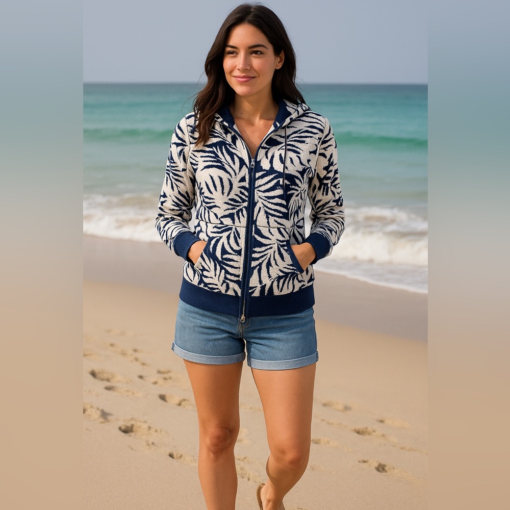 Tommy Bahama Navy and Cream Palm-Print Zip Hoodie Sweater